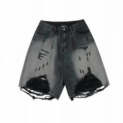 saferido High Street Loose Washed Old Ripped Shorts American Retro Shorts Summer Street Y2K Hip Hop Tassel Wide Leg Casual Denim Shorts