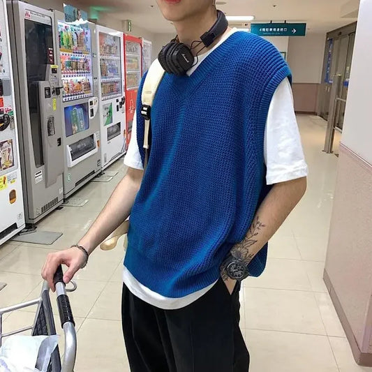 saferido Men's Clothing Solid Color Vest V Neck Waistcoat Knit Sweater Male Plain Blue Baggy Sleeveless Korean Style Spring Autumn