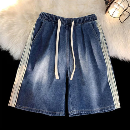 saferido Summer New Men's Denim Shorts Korean Street Loose Casual Shorts Fashion Elastic Waist Stitching Blue Five-point Pants