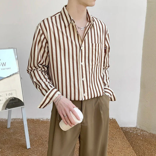 saferido Men's Korean Style Simple Loose Striped Printing Long Sleeve Shirt Fashion Trend High Quality Casual 3 Color Shirts M-2XL