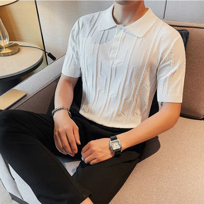 Brand Summer Polo Shirts Men Short Sleeve T-shirt British Knit Polos Casual Stripe Fashion Poloshirts Ice Silk Fabric Tops
