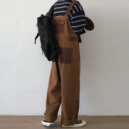 saferido Mens Japanese Workwear Style Casual Jumpsuit 2024 New Genderless Fashion Trend Loose Color Blocking Versatile Overalls Unisex