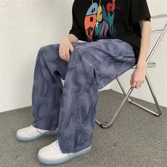 saferido Corduroy Wide Pants Men Fashion Letters Baggy Straight Trousers Oversized Casual Bottoms Ins Vintage Male Y2K Clothes Streetwear