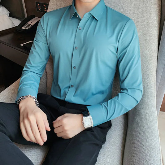 saferido Men Spring High Quality Business Shirts/Male Slim Fit Solid Color Ice silk With Long Sleeves Shirts/Man Casual Dress Shirts