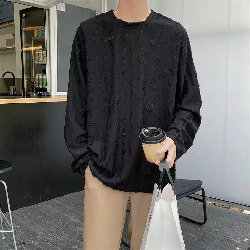 Korean INS Niche Design Men Clothing Round Neck Hole T-shirt Men and Women Long Sleeve Retro Loose Casual Drape Mens T Shirts