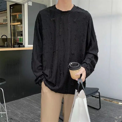 Korean INS Niche Design Men Clothing Round Neck Hole T-shirt Men and Women Long Sleeve Retro Loose Casual Drape Mens T Shirts