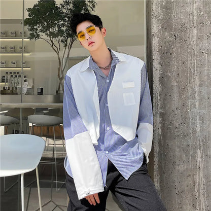 saferido Spring and Autumn New Men's Patchwork Fashion Casual Long-Sleeve Striped Blouse Tops Loose High Quality Design Shirts T60
