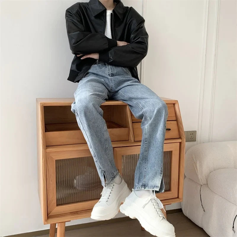 Korean Blue Jeans Men Slim Fit Fashion Casual Vintage Jeans Men Streetwear Hip-hop Straight Denim Pants Mens Trousers M-2XL