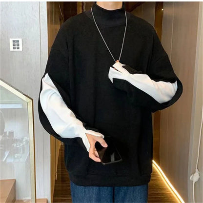 saferido Men's High Collar Sweatshirt Patchwork Pullover Long Sleeve Spring Autumn Tops Loose Sweatshirts