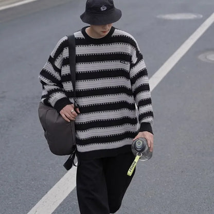 saferido Striped Knitted Sweater Coat Men Japanese Oversize Casual Autumn Winter Loose O-neck Pullovers for Man Streetwear Korean