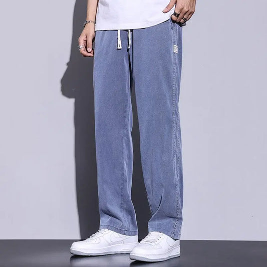saferido Men's Summer Ice Silk Jeans/Male Elastic Waistline Loose and Comfortable Tencel Jeans Drawstring Korea Casual Trousers M-5XL