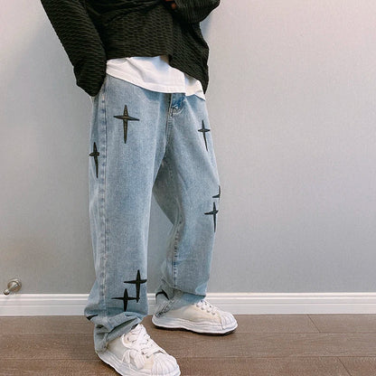 saferido New Embroidered Jeans Men Straight Loose Wide-leg Pants Spring and Autumn Korean Fashion High Street Hip Hop Style Male Trousers