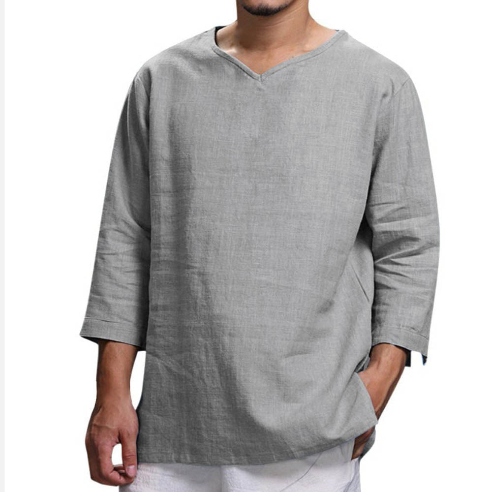 V Neck Cotton Linen T Shirts For Men Solid Color Long Sleeve Shirts Casual Tops Loose Large Size Tees Breathable Men Clothing