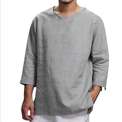 V Neck Cotton Linen T Shirts For Men Solid Color Long Sleeve Shirts Casual Tops Loose Large Size Tees Breathable Men Clothing