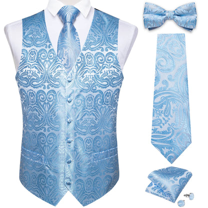 Men Black Paisley Vest Necktie Bowtie Pocket Square Cufflinks Dress Set Classic 5 PCS Business Waistcoat for Man