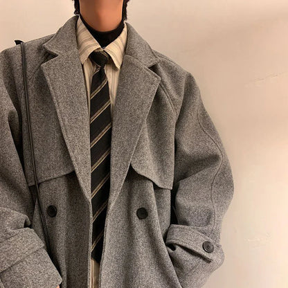 saferido Mens Gray German Woolen Coat Autumn Winter Mid-Length Thickened High-End Retro Elegant Handsome Comfortable Coat Oversize