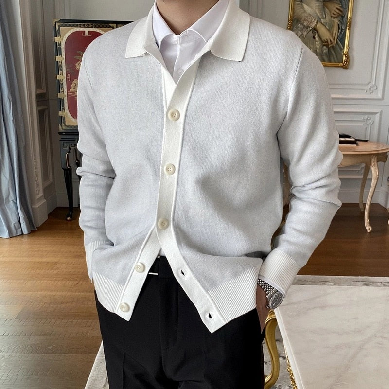saferido       Spring  Men's Pure  Lapel Knitted Sweater  Collar Daily Casual Long Sleeve with Button Solid Korean Style Tops