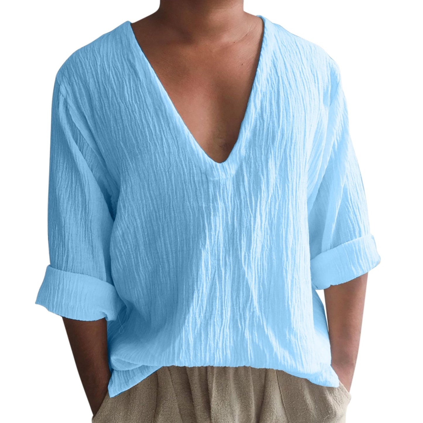 Vintage Imitation Linen Shirt Men Breathable Casual Long Sleeve Oversize Tops Summer V Neck Boho Style Mens Shirts 의류 Кофта
