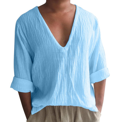 Vintage Imitation Linen Shirt Men Breathable Casual Long Sleeve Oversize Tops Summer V Neck Boho Style Mens Shirts 의류 Кофта