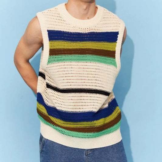 Men's Clothing Loose Pullovers Round Neck Simplicity Handsome Hollow Out Solid Color Patchwork Fashionable Casual Sweater