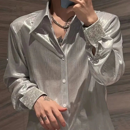 saferido Mens Nightclub Shiny Personalized Non-Diamond Shirt Autumn Winter Genderless Korean Style Fashion Versatile Long-Sleeve Shirt