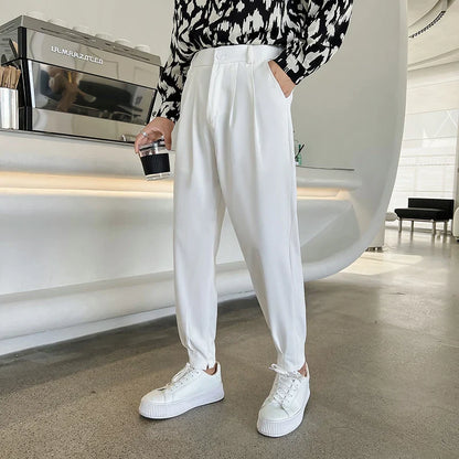 New Fashion Spring Summer Pants Men Tapered Bottom Slit Trousers Korean Style White Khaki Black Elastic Waist Casual Pants Man