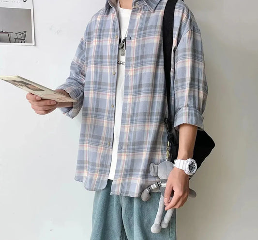 Plaid Shirts Men Harajuku Hot Sales College Unisex Spring Autumn Basic Males Tops Long Sleeve Cozy All-match  Clothing Ins