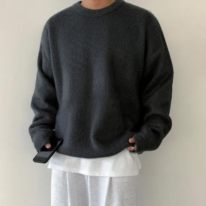 Winter Round Collar Mohair Solid Color Sweater Loose Korean Style Vintage Kintted Sweater Pullover Men Clothing