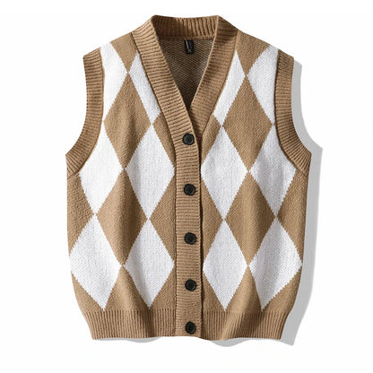 Men's Plaid Sweater Vest Sleeveless V-Neck Button Cardigan Vest Fashion Office Knitted Vest Classic Fit Tank Tops