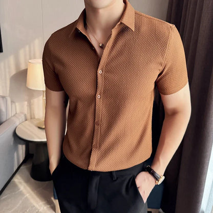 Men Waffle Shirt Short Sleeved Summer New British Style Business Non Ironing Solid Color Casual Slim Fit Shirt Men Clothing