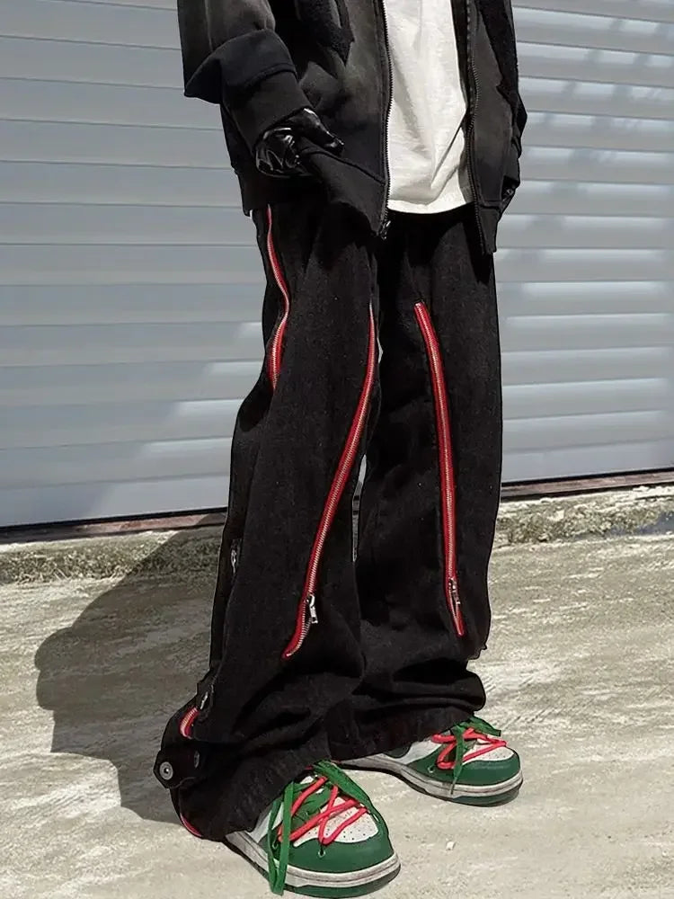 saferido American Goods Harajuku Casual Loose Punk Rock Straight Wide-Leg Pants Street Y2K Cargo Pants Retro Street Zipper Split Jeans