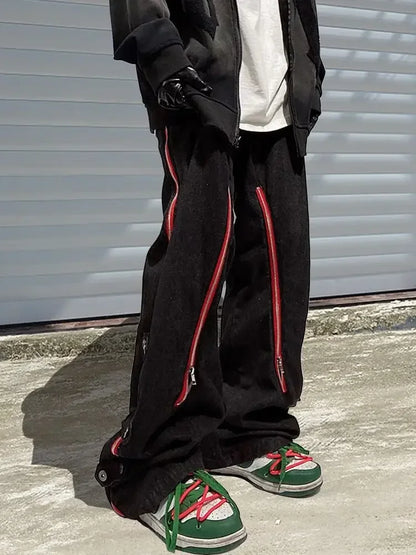 saferido American Goods Harajuku Casual Loose Punk Rock Straight Wide-Leg Pants Street Y2K Cargo Pants Retro Street Zipper Split Jeans