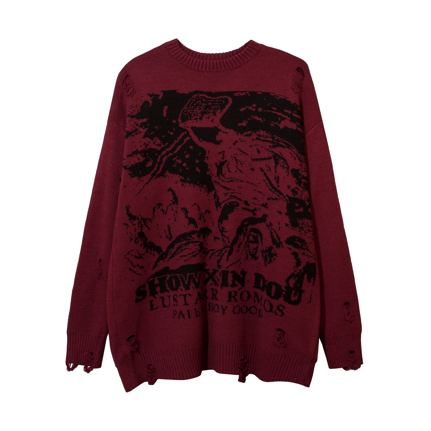 Harajuku Printed Knitwears Women Streetwear Hip Hop Destroyed Hole Ripped Pullovers Jumper Oversized Men