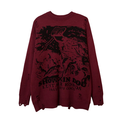 Harajuku Printed Knitwears Women Streetwear Hip Hop Destroyed Hole Ripped Pullovers Jumper Oversized Men