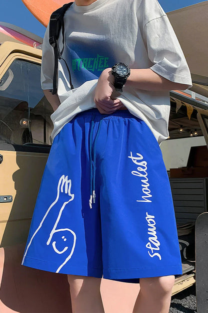 saferido Beach Casual Pants Men's Thin Street Hip-hop Trend Fashion Sports Loose Straight Shorts Oversize Print Graffiti Summer Clothes