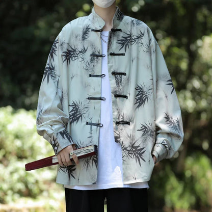 saferido Men's Tie-dye Long Sleeve Shirt Spring New Chinese Style Dial Buckle Stand Collar Loose Casual Han Tang Traditional Clothing
