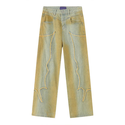 High Street Male Fashion Vintage Jeans Trendy American Style Gradient Straight Denim Pants New Men's Burrs Trousers