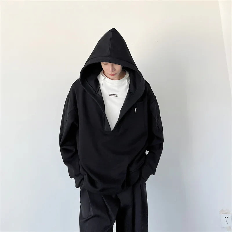 saferido Korean Spring Streetwear Collar black white Sweatshirt Men Spring Korean Loose Trendy Casual Coat Male Hoodies Sweatshirts