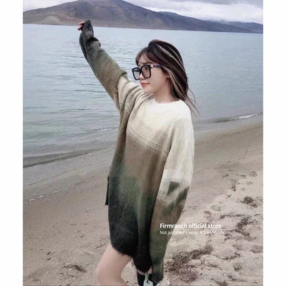 Double-headed Arrow Green Mohair Sweater For Men Women Loose Pullover Autumn Winter Jersey