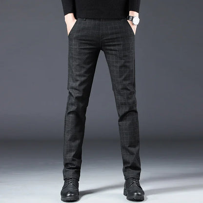 Men's New Designer Plaid Business Prom Work Stretch Trousers Male Vintage Soft Cotton Slim Fit Straight Leg Casual Long Pants