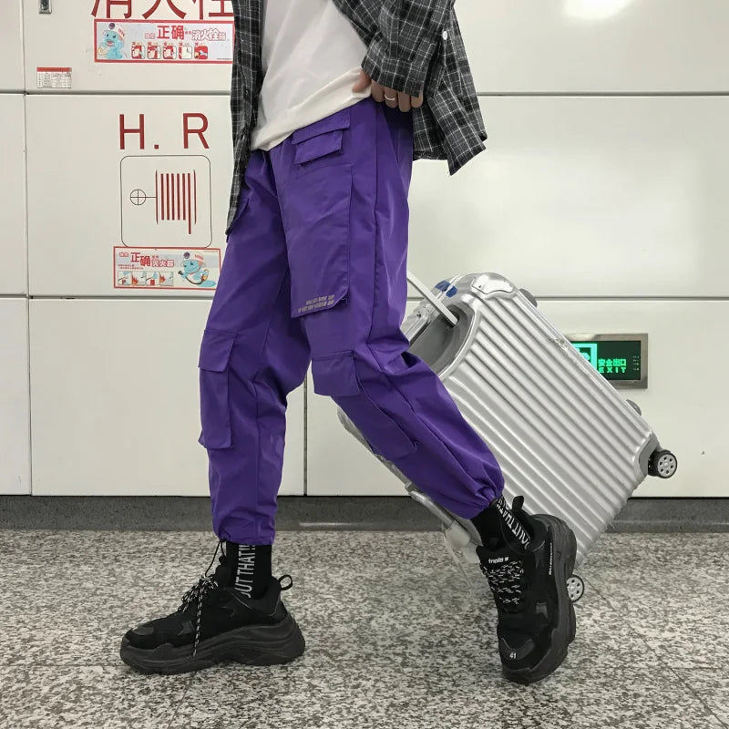 saferido Purple Men Cargo Pants Spring Loose Hip Hop Joggers Trousers Pockets Overalls Fashion Student Sweatpants Korean Male Streetwear