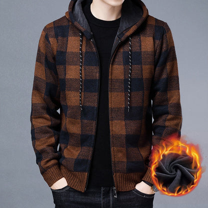 Winter New Men's Fleece Thickened Cardigan Knit Sweater / Male Loose Warm Hooded Add Wool Jacket Coat