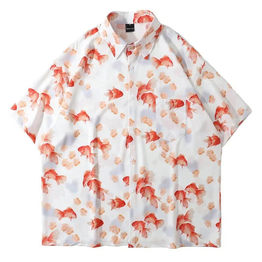 Goldfish Print Short Sleeve Loose Shirt Men Summer Y2K Streetwear Oversized Hawaiian Shirt Harajuku Casual Women Aloha Blouse