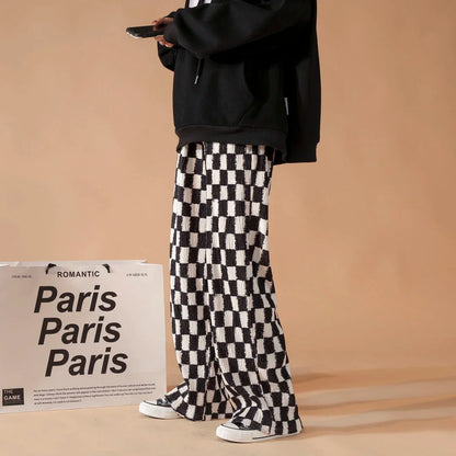 saferido Casual Straight Wide Leg Pants Men High Street Trend Mopping Pants Loose Overalls Contrast Color Plaid Printed Trousers Spring