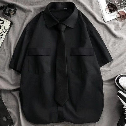 EBAIHUI Men's White Shirts with Tie Set Preppy Uniform DK Loose Long Sleeve Shirt Couple Loose Basic Short Shirts Asian Size