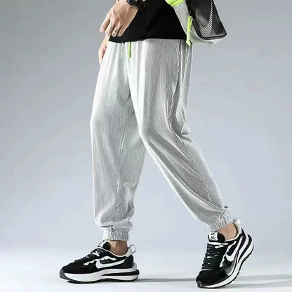 saferido Summer Thin Ice Silk Straight Loose Casual Pants Men Solid Korean Elastic Waist Drawstring Patchwork Pocket Wide Leg Trousers