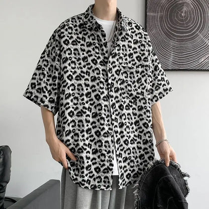 Fashion Casual Streetwear Korean Leopard Loose Button Handsome Shirts Spring Summer Thin Men's Clothing Turn-down Collar Tops