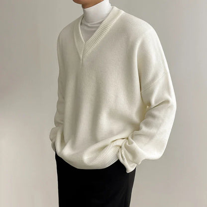 Men  Winter V-neck Thickening Sweater Solid Color Casual Pullovers Fashion Korean Style Casual Knitwear For Male