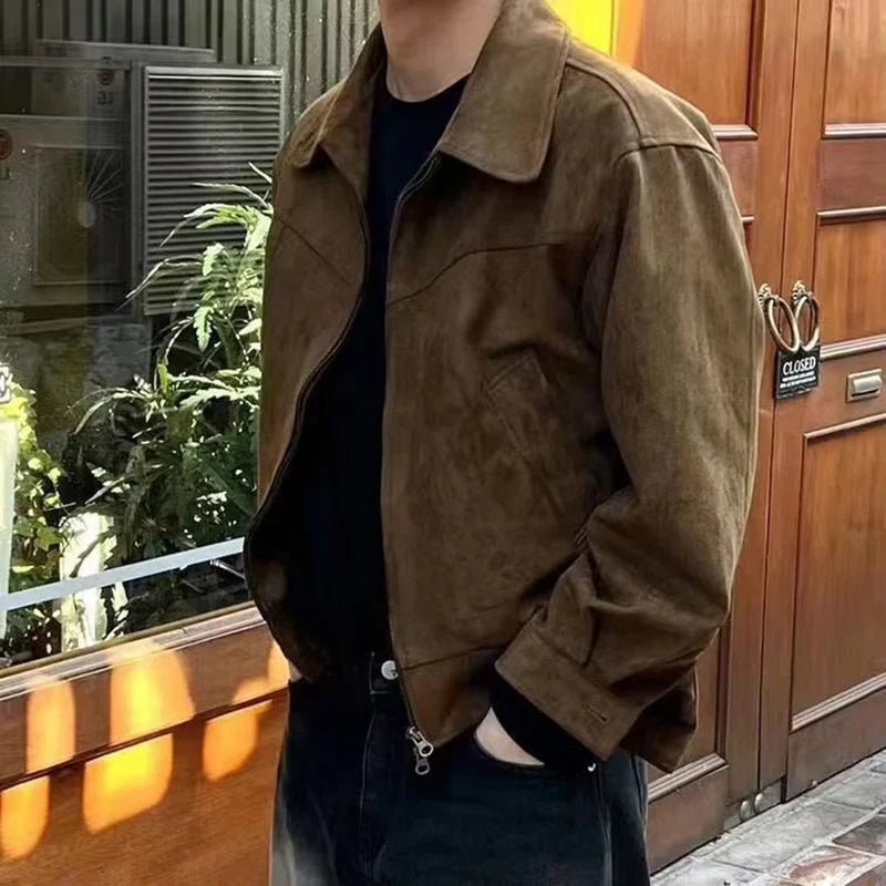 saferido 2024 Elegant Solid Brown Coat Men Spring Autumn High-End Loose Lapel New Zipper Short Jacket Vintage Streetwear Bomber Jacket