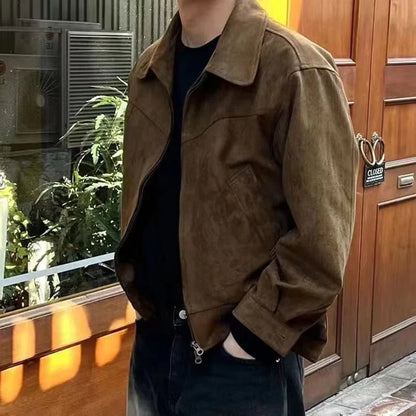 saferido 2024 Elegant Solid Brown Coat Men Spring Autumn High-End Loose Lapel New Zipper Short Jacket Vintage Streetwear Bomber Jacket